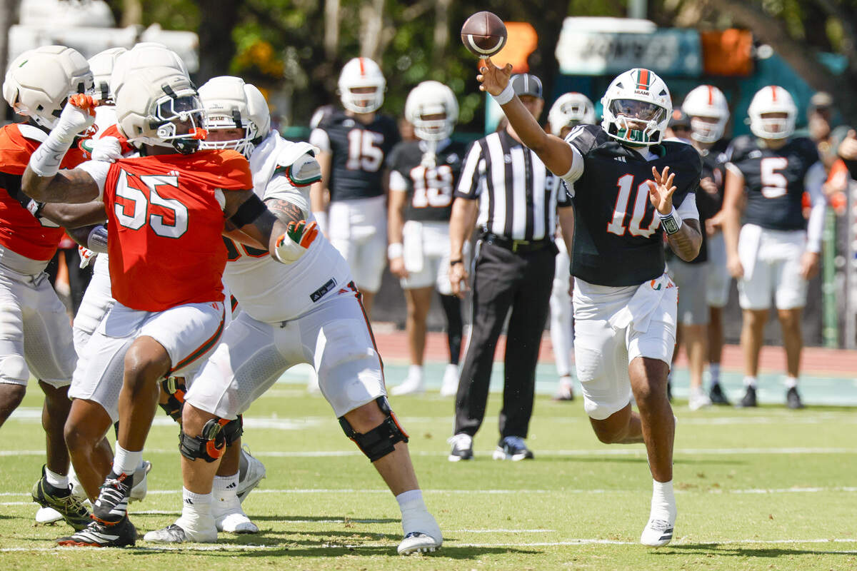 Miami Hurricanes quarterback Darian Mensah (10) passes during UM’s spring football game at Cobb Stadium on the University of Miami campus in Coral Gables, Florida, on Saturday, April 18, 2026.